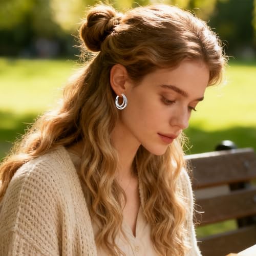 LAZA 925 Sterling Silver Hoop Earrings for Women, Sterling Silver Butterfly Hoops Colorful Flowers Hoop Huggie Earrings Hypoallergenic Jewelry Gifts for Women - color: Three-Layer Circles Earring