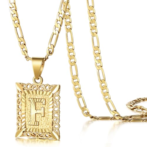 KissYan Initial Letter Pendant Necklace for Men Women, 14K Gold Plated Square Capital Monogram Necklace Alphabets from A-Z Figaro Chain Jewelry - color: 1-Gold, style: F