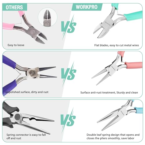WORKPRO Jewelry Pliers Set, 3 Pack Jewelry Making Tool Kit Includes Mini Needle Nose Plier/Chain Nose Plier, Round Nose Plier and Wire Cutter for Jewelry Repair, DIY Crafts, Jewelry Making Supplies - color: Light Blue, Light Green, Pink