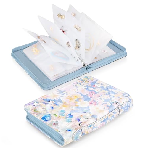 Jewelry Travel Organizer Case, PU Leather Portable Jewelry Storage Book with Transparent Pockets Zipper Bag for Necklaces, Earrings, Bracelets(48 Grids+48 Thicken PVC Bags),WatercolourBlossoms - color: WatercolourBlossom