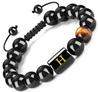 FRG Initials Bracelets for Men Letter Link Handmade Natural Black Onyx Tiger Eye Stone Beads Braided Rope Meaningful Bracelet - style: Braided rope-H