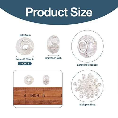 100pcs 14mm Large Hole Glass Beads - Clear European Lampwork Loose Spacer Beads for DIY Craft Snake Chains Charms Bracelet Necklace Earring Making - Hole: 5mm - color: Clear