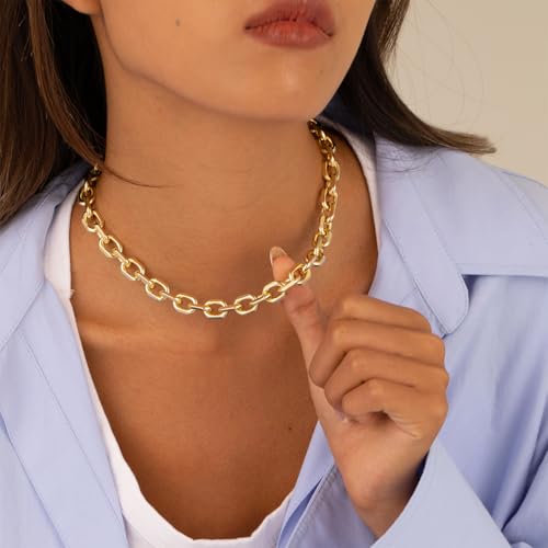 Gold Necklace for Women - Chunky 14K Gold Plated Chain Necklace Cuban Link Paperclip Chain Herringbone Statement Choker Necklace for Women Simple Trendy Jewelry Gifts - style: 10mm-paperclip chain-gd-1