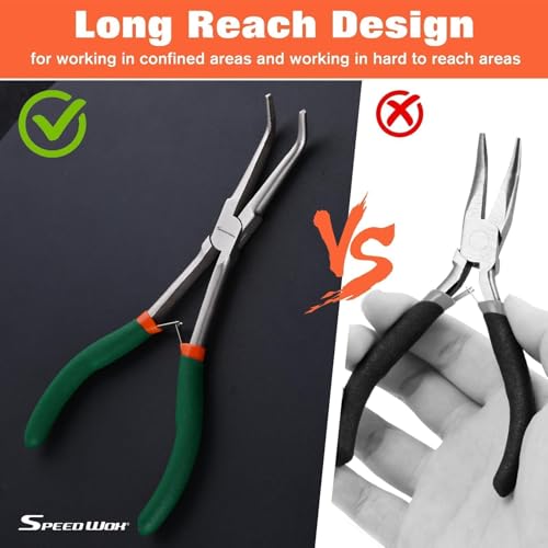 SPEEDWOX Mini Long Nose Pliers with Serrated Jaw - Long Reach Needle Nose Pliers for Jewelry Making, Bending Wire & Small Object Gripping - style: Bent Long Nose Pliers Serrated Jaws