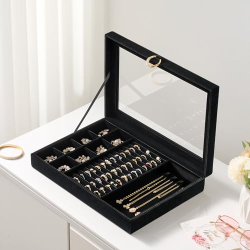 bussdis Glass Lid Jewelry Organizer Box – Black Velvet Jewelry Case with Ring Slots, Necklace Hooks & Removable Compartments for Earrings, Rings & Bracelets - color: Black