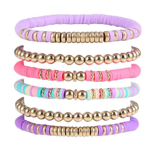 Pingyongchang Heishi Gold Beaded Bracelets Set for Women Men Bohemian Polymer Clay Colorful Surfer Vinyl Disc Stretch Layering Stackable Friendship Boho Bracelet Summer Beach Jewelry Gifts - color: Purple