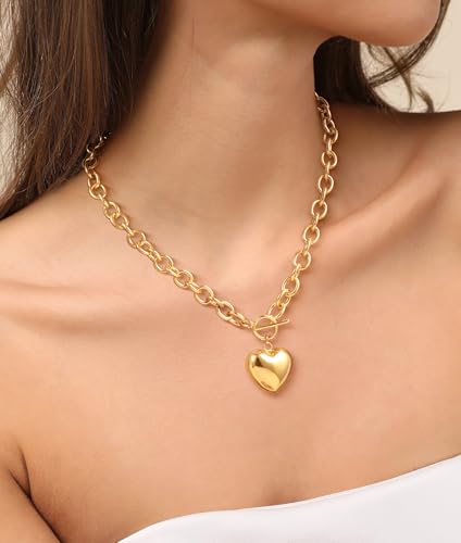 CHESKY 14K Gold Plated Chunky Necklace for Women, Trendy Paperclip Chain Necklace Thick Cross Heart Pendant Necklace Layered Herringbone Cuban Link Chain Toggle Necklaces Non Tarnish Jewelry - color: gold, style: heart