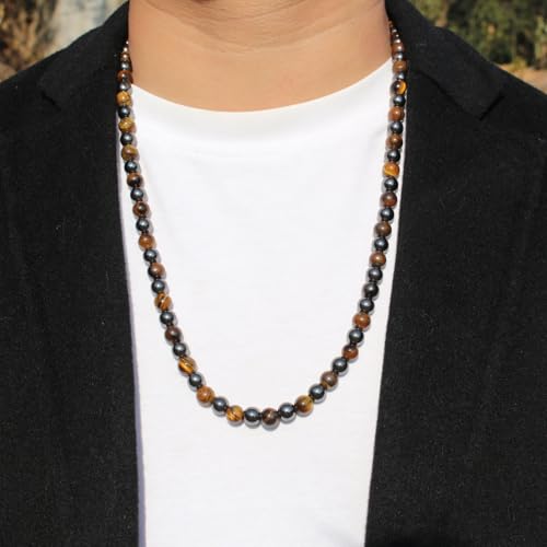 Natural Stone Beaded Necklace 8mm Tiger Eye Black Obsidian and Hematite Buddha bead lucky necklace 26 Inches, Black and Brown Men and women necklaces fift - color: Tiger eye stone with hematite