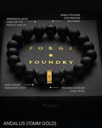 Forge & Foundry Men’s Matte Black Solid Onyx Beaded Bracelet | 10mm, 8mm, 6mm Bead Size Options | Signature Stainless Steel Engraved Bead | Andalus - color: 10mm Gold, size: Medium