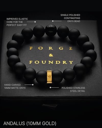 Forge & Foundry Men’s Matte Black Solid Onyx Beaded Bracelet | 10mm, 8mm, 6mm Bead Size Options | Signature Stainless Steel Engraved Bead | Andalus - color: 10mm Gold, size: Medium