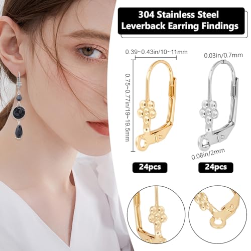 Beebeecraft 1 Box 48Pcs Leverback Earring Findings Stainless Steel 2 Colors French Earring Hooks Flower Pattern Dangle Ear Wire Findings for Jewellery Making - color: Small Flower Leverback Earring