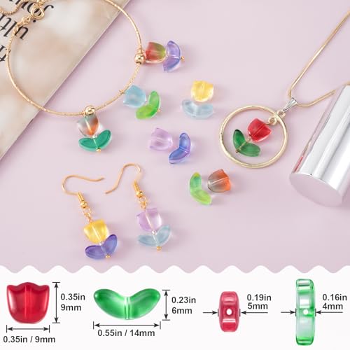 PAGOW 120pcs Tulip Flower Glass Beads, Czech Coloured Glaze Translucent Bracelet Beads, Colorful Handcrafted Crystal Loose Glass Beads for Spring Summer Valentines Wedding DIY Jewelry Making - color: Tulip-120pcs Light Colors
