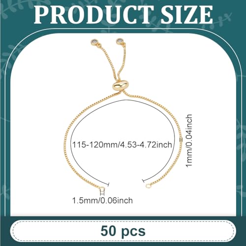 50Pcs Adjustable Slider Bracelet 18K Gold Plated Brass Extender Chains with Crystal Rhinestones Ends for DIY Bracelet Jewelry Making Findings DIY Craft Women Valentine’s Gift