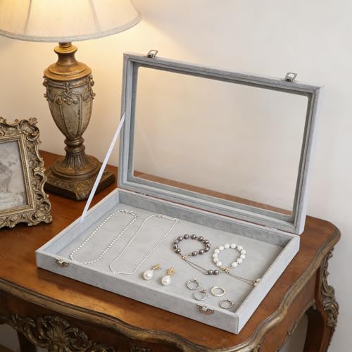 Wudygirl Velvet Jewelry Organizer Empty Jewelry Tray Organizer Jewelry Box Storage Case Display Necklaces Earring Stackable Tray Containers Clear Lid (DIY Box) - style: Empty Tray