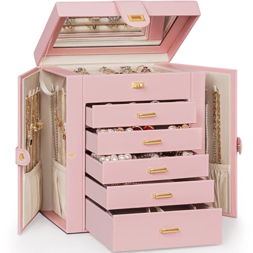 AKOZLIN 6-Tier Jewelry Box Organizer Functional 5 Drawers Leather Jewelry Storage Case for Women Girls Ring Necklace Earring Bracelet Holder Organizer with Mirror Pink - color: Light Pink, size: Medium
