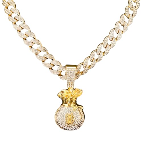 Ice Out Chain for Men Premium Zircon Stones Hypoallergenic Durable Hip-Hop Streetwear Chain Necklace Men - color: Gold, style: Dollars Bag