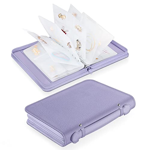 Jewelry Travel Organizer Case, PU Leather Portable Jewelry Storage Book with Transparent Pockets Zipper Bag for Necklaces, Earrings, Bracelets(48 Grids+48 Thicken PVC Bags), Lilac Purple - color: Lilac Purple