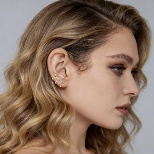 925 Sterling Silver 14K Gold Plated Huggie Half Hoop Earrings — Sleep-Friendly Poke-Free Hypoallergenic Stackable Earring — Comfortable & All Day Wear - color: CZ-Yellow Gold