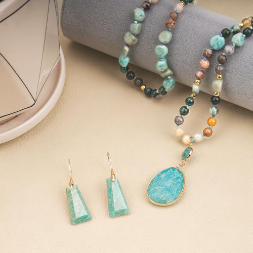 2 Pcs Boho Lapis Lazuli Jewelry Set for Women - Handmade Natural Stone Beaded Long Necklace with Oval Lapis Lazuli Pendant & Trapezoid Lapis Lazuli Earrings | Vintage Elegance | Ideal Gift for Her - style: Amazonite Pendant