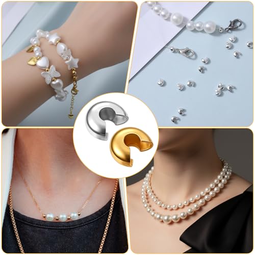 Ouligay 800PCS 4mm Mini Crimp Beads for Jewelry Making Crimp Bead Covers Half Round Open Crimping Bead Knot Covers for DIY Jewelry Craft Making Jump Rings with Transparent Box Gold and Sliver