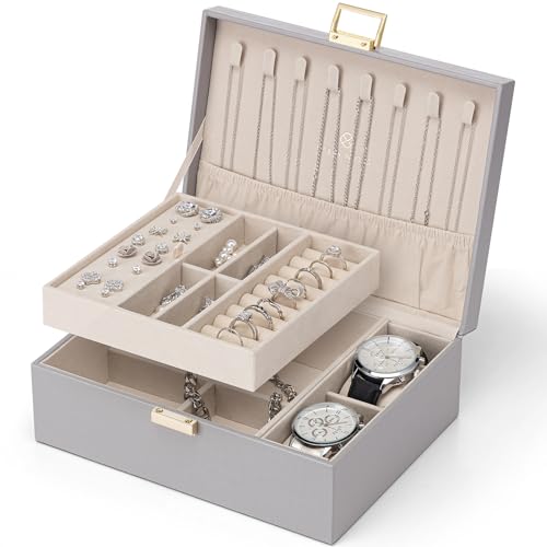 VLANDO 2 Layer Jewelry Box Large Jewelry Organizer for Women Removable Jewelery Tray with Watch Pillow for Necklace Earrings Rings Bracelets Gifts for Couples Mom Friends, Bridesmaid (Grey) - color: 02-Grey-Watch Pillow