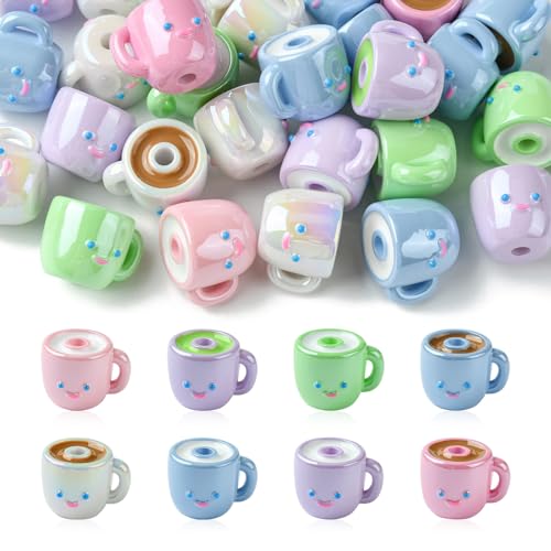 Ipotkitt 30 Pcs Colorful Opaque Acrylic Coffee Cup Beads Drink Tea Milk Mug Beads Cartoon Cute Cup Shaped Beads for Jewelry Making DIY Crafts Supplies - color: 30pcs-Cup Beads-14.7x20x16.5mm