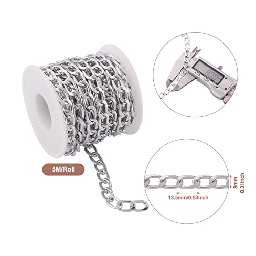 Craftdady 16.4 ft Aluminum Curb Chain Link 13.5x8mm Twisted Unwelded Silver Oval Cross Chain Link Necklace Chain with Spool for Bracelet Tassel DIY Crafts Jewelry Making - color: Silver, 13.5x8mm