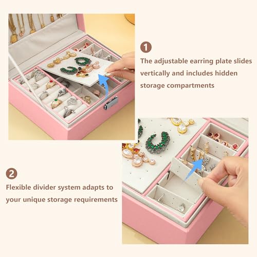 Homeanda Jewelry box 2 layer Jewelry box Leather Jewelry boxes for Women Girls Teens Jewelry organizer box Jewelry Storage box with lock(Pink) - color: Pink