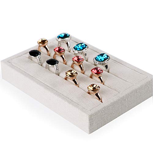 Oirlv linen 3 Slots Ring Earrings Display Trays Showcase Jewelry Organizer (creamy-white,rectangle) - size: rectangle