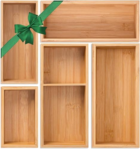 Bamboo Drawer Organizer 5 Pcs for Kitchen Multi-purpose Storage Dividers for Kitchen, Office, Jewelry, Cosmetics, Wooden Drawer Dividers for Drawer Organizer Desk Organizer Gift for Women Gifts Idea - size: 5 pcs