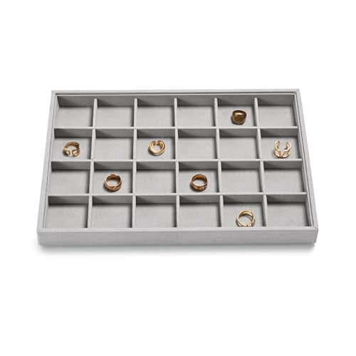 24 Grids Microfiber Jewelry Tray Earring Organizer Tray Ring Earrings Holder Jewelry Drawer Organizer Storage Display Holder (Gray) - color: Grey, size: 24 Grid