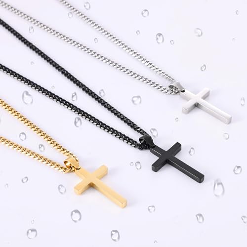 Fiusem Easter Basket Stuffers Cross Necklace for Men and Women, 14K Gold Plated Mens Cross Necklaces with 3.5mm Cuban Chain, Stainless Steel Pendant Chain 16-24 Inches - size: 24 Inches, style: Small gold cross:1.2"*0.75"
