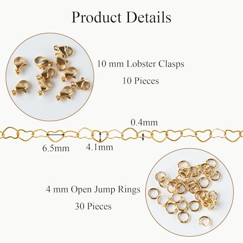 Jabogrii 5 Meters Gold Stainless Steel Jewelry Making Chain Spool Craft Heart Chain Bulk for Jewelry Making - color: Hollow Heart Gold