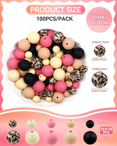 100PCS FIVEIZERO Silicone Beads for Keychain Making, 9mm & 15mm Pink Black Mixed 5 Colors Silicone Focal Beads for Bracelets, Beadable Pens and DIY Crafts - color: Pink Black