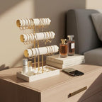 Pangkeep 3 Tier Bracelet Necklace Holder,Jewelry Displays for Vendors,T Bar Velvet Jewelry Stand with Tray,Jewerly Organizer for Bangles Necklace Scrunchie Watches Rings (Beige)
