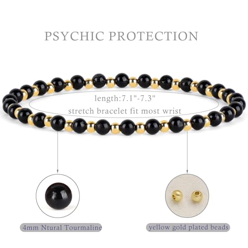 QOGIR 14k gold Handmade Healing Bracelet, Natural Gem Stone Crystal Elastic Gold Bracelet - color: Black Tourmaline - Psychic Protection, size: 4m