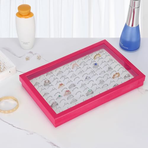 KUKUVR 100 Slots Ring Earring Holder Display Case, Velvet Jewelry Ring Earring Storage Organizer Box Tray with Clear Lid for Women And Selling Show (Pink) - color: Pink