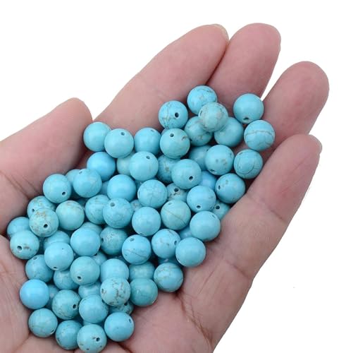 100pcs Natural Stone Beads 8mm Blue Turquoise Round Genuine Real Stone Beading Loose Gemstone Hole Size 1mm DIY Charm Smooth Beads for Bracelets Necklaces Earrings Jewelry Making Crafts - color: Blue Turquoise