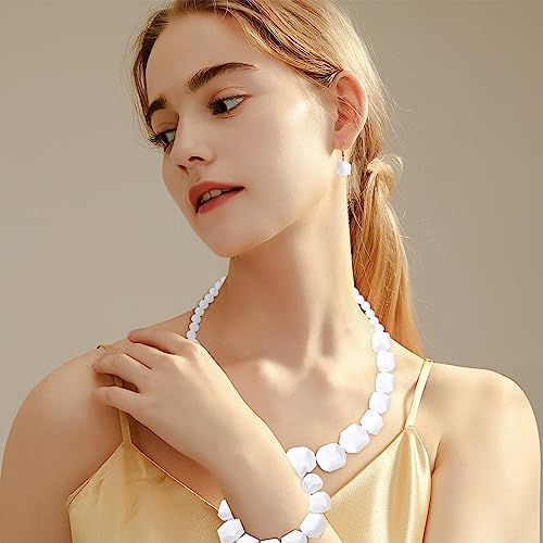 Halawly White Beads Necklace, Acrylic Costume Jewelry for Women Chunky Statement Strand Necklaces with Bracelet Dangle Earrings, Big African Beaded Necklace - color: White Set Long