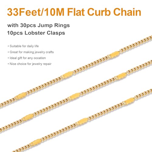 Kyutong 32.8 Feet Gold Plated Jewelry Making Chain on Spool Thin Flat Curb Chains Solid Stainless Steel Jewelry Chain for Necklace DIY with Jewelry Accessories - color: Flat Curb Gold