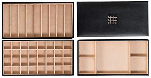 Glenor Co Jewelry Tray Organizer - 3 Large Stackable Trays & Lid - 46 Slot Storage for Drawer, Dresser - Black - size: Rectangle - 3 Trays + Lid Set - 46 Slots