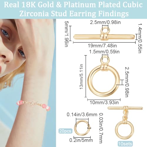 Beebeecraft 1 Box 10Pcs T-bar Closure Connectors 18K Gold Plated Smooth Ring Toggle Clasp End Clasps Connector Sets with 20Pcs Open Jump Rings for DIY Jewellery Making Necklace Bracelet - color: #5 10 sets