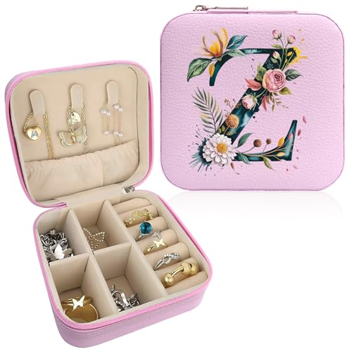 Monogram Jewelry Box Portable Print Jewelry Box, 1pcs Pink Compact Jewelry Box Travel Jewelry Case Travel Case Organizer Bag Storage Box Jewelry Holder For Necklace Earrings Rings Bracelet (Letter Z) - color: Letter Z