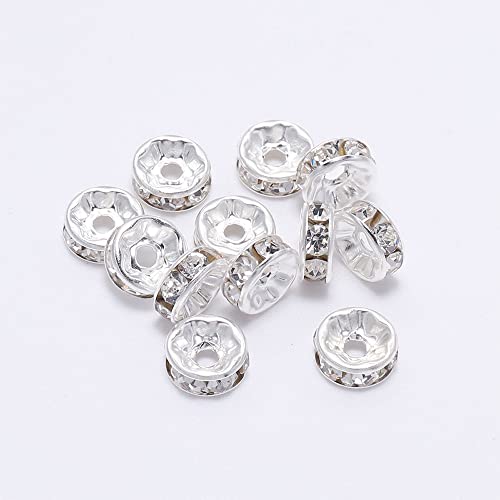 200PCS Rondelle Spacer Beads 6mm Silver Plated Czech White Crystal Rhinestone for Jewelry Making - color: 200Pcs Silver Plated/White, size: 6mm