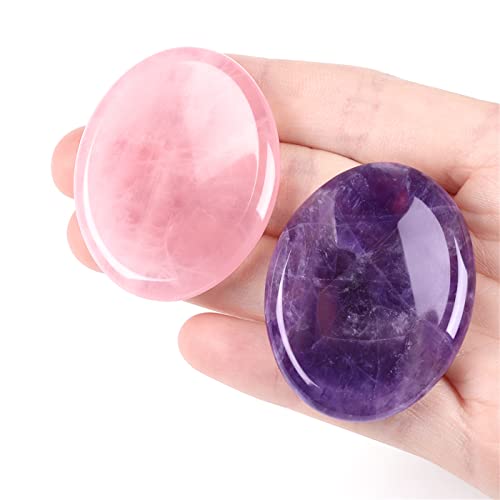 YATOJUZI Thumb Worry Stones for Anxiety Stress Relief Items Healing Crystals Natural Amethyst Rose Quartz Crystal Palm Pocket Stone Gemstones Meditation Reiki Spiritual Gifts for Women Men 2PCS - color: 1-amethyst+rose Quartz, size: Oval