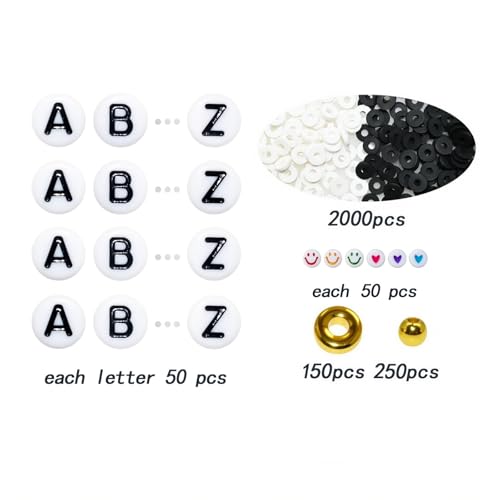Looconi 3800pcs Beading Kits Letter Beads A-Z Clay Beads Gold Spacer Beads Smiley Beads and Heart Beads for Jewelry Making - color: LetterClayWhiteBlakc