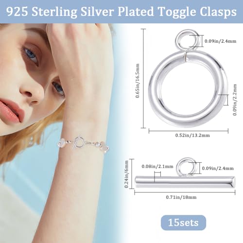 Beebeecraft 15Pcs Toggle Clasps 925 Sterling Silver Plated T-bar Closure Round Claps Jewelry Findings with Storage Box for Necklaces Bracelets Making