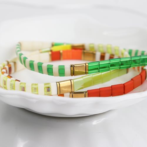 Tila Beaded Stretch Strand Bracelets for Women, Cute Boho Stackable Handmade Colorful Mixed Flat Square Beads Elastic Beach Surfer Bracelet Trendy Jewelry Friend Gift - color: 0901I