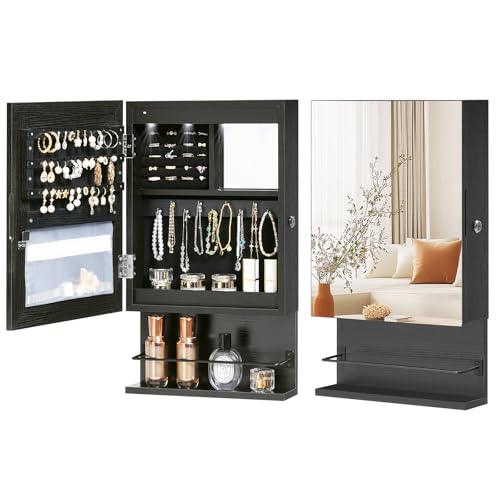 HOOBRO Wall Mounted Jewelry Cabinet, LED Jewelry Armoire with Interior Mirror, Hanging Jewelry Organizer for Wall, Lockable Jewelry Storage Cabinet, 3.9 x 11.8 x 20.9 Inches, Black - color: Black