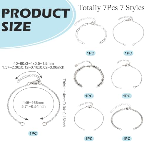 Pandahall 7Pcs Stainless Steel Chain Charms Bracelet 7 Styles Adjustable Slider Chain Bracelets Extender Chain with Lobster Clasp for DIY Bracelet Chain Jewelry Making